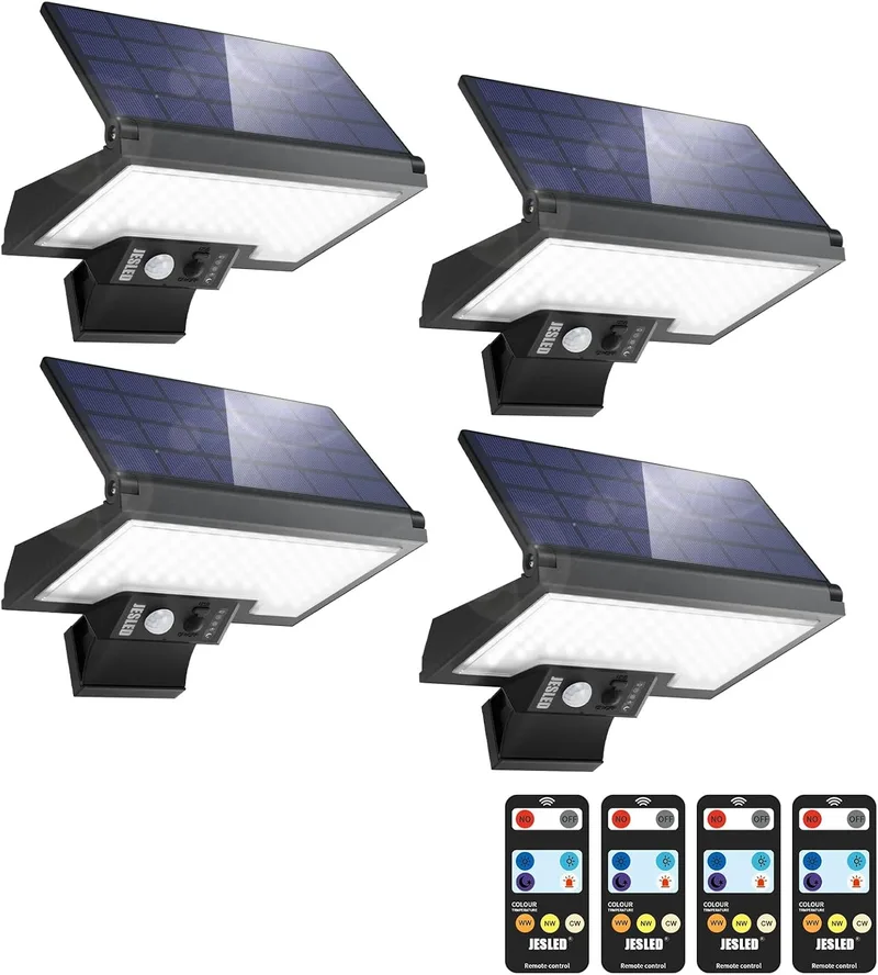 JESLED ▫️ Lâmpada solar de exterior com sensor de movimento, 108 LEDs, 2600 mAh, porta Type-C, 4 modos, 3 cores, IP65 à prova de água, ângulo ajustável, para jardim, parede e garagem. Conjunto de 4
