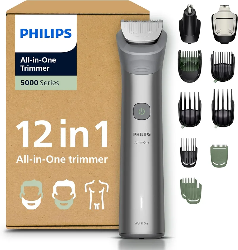 PHILIPS ▫️ Aparador multifuncional 12 em 1 Série 5000 - Máquina de barbear e aparador de cabelo para homem, para rosto, cabeça e corpo, lâminas de aço auto-afiáveis, 20 comprimentos, recarregável, MG5952/30