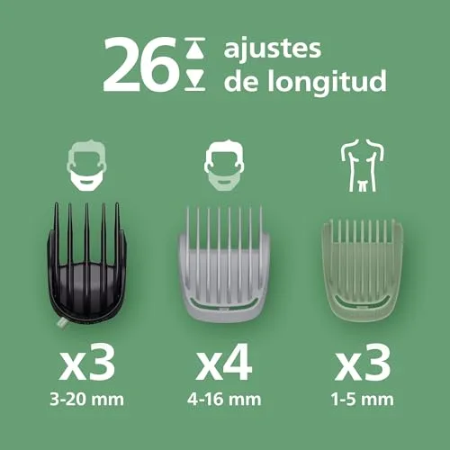 PHILIPS ▫️ Aparador multifunções 19 em 1 Série 7000 - Máquina de barbear e aparador de cabelo para homem, para rosto, cabeça e corpo, lâminas de aço auto-afiáveis, 26 comprimentos, recarregável, MG7962/30 3