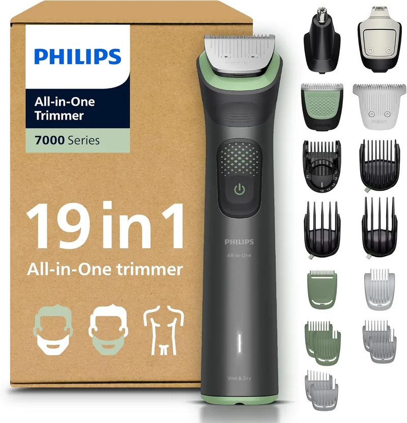 PHILIPS ▫️ Aparador multifunções 19 em 1 Série 7000 - Máquina de barbear e aparador de cabelo para homem, para rosto, cabeça e corpo, lâminas de aço auto-afiáveis, 26 comprimentos, recarregável, MG7962/30