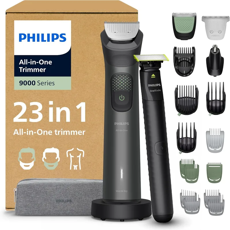 Philips ▫️ Aparador multifuncional 23 em 1 Série 9000 + OneBlade - Máquina de barbear e aparar para homem para rosto, cabeça e corpo, 27 comprimentos (0,2-20 mm), recarregável, MG9561/30