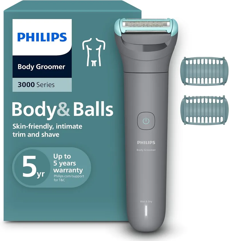 PHILIPS ▫️ Máquina de barbear corporal série 3000 - Depiladora masculina com sistema de proteção, aparar e depilar zonas íntimas, barbear suave e preciso, 100% à prova de água, 80 min. de autonomia, BG3480/15.