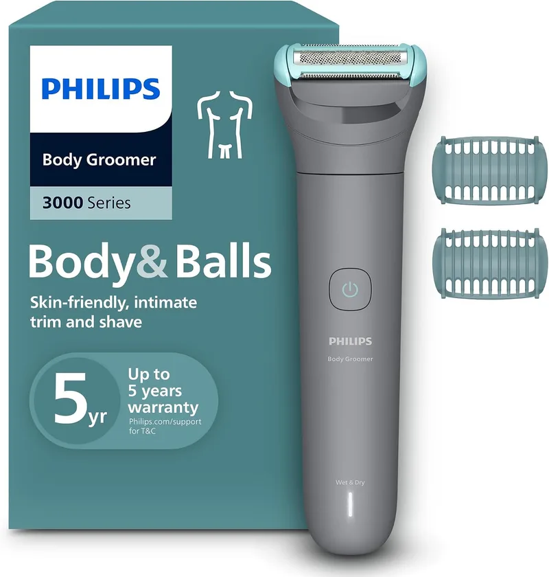 PHILIPS ▫️ Máquina de barbear corporal série 3000 - Depiladora masculina com sistema de proteção, aparar e depilar zonas íntimas, barbear suave e preciso, 100% à prova de água, 80 min. de autonomia, BG3480/15.