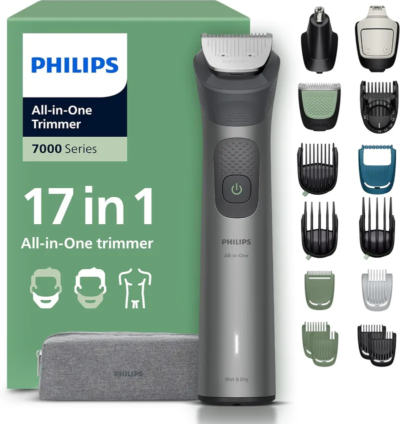 Philips ▫️ Aparador tudo-em-um 17 em 1 Série 7000 - Máquina de barbear e aparar pêlos para homem para rosto, cabeça e corpo, lâminas de aço auto-afiáveis, 26 comprimentos, recarregável, MG7961/15