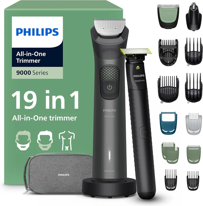 PHILIPS ▫️ Aparador multifuncional 19 em 1 Série 9000 + OneBlade - Máquina de barbear e aparador de cabelo para homem, para rosto, cabeça e corpo, lâminas de aço auto-afiáveis, 27 comprimentos, recarregável, MG9956/15