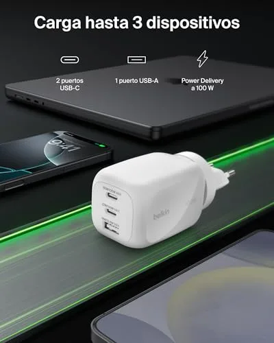 Belkin ▫️ Carregador USB-C 3 portas, carregador GAN de 100 W, 2 USB-C e 1 USB-A, ficha para a UE, Reino Unido e EUA, carregamento rápido para MacBook, iPhone, iPad Pro, Samsung Galaxy, Google Pixel, etc. - Branco 2