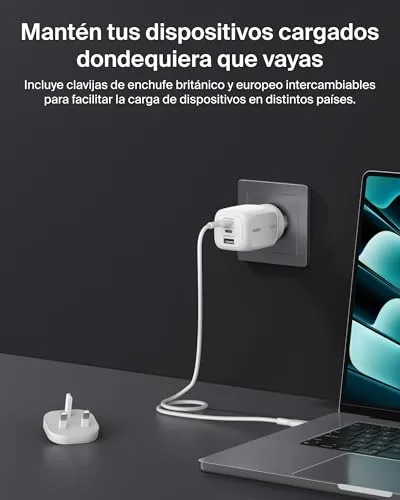 Belkin ▫️ Carregador USB-C 3 portas, carregador GAN de 100 W, 2 USB-C e 1 USB-A, ficha para a UE, Reino Unido e EUA, carregamento rápido para MacBook, iPhone, iPad Pro, Samsung Galaxy, Google Pixel, etc. - Branco 3