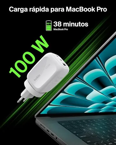 Belkin ▫️ Carregador USB-C 3 portas, carregador GAN de 100 W, 2 USB-C e 1 USB-A, ficha para a UE, Reino Unido e EUA, carregamento rápido para MacBook, iPhone, iPad Pro, Samsung Galaxy, Google Pixel, etc. - Branco 4