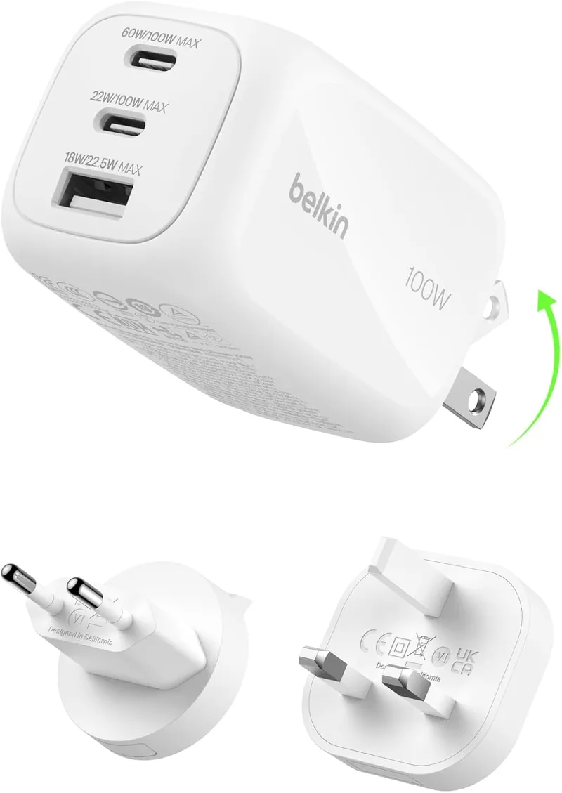 Belkin ▫️ Carregador USB-C 3 portas, carregador GAN de 100 W, 2 USB-C e 1 USB-A, ficha para a UE, Reino Unido e EUA, carregamento rápido para MacBook, iPhone, iPad Pro, Samsung Galaxy, Google Pixel, etc. - Branco