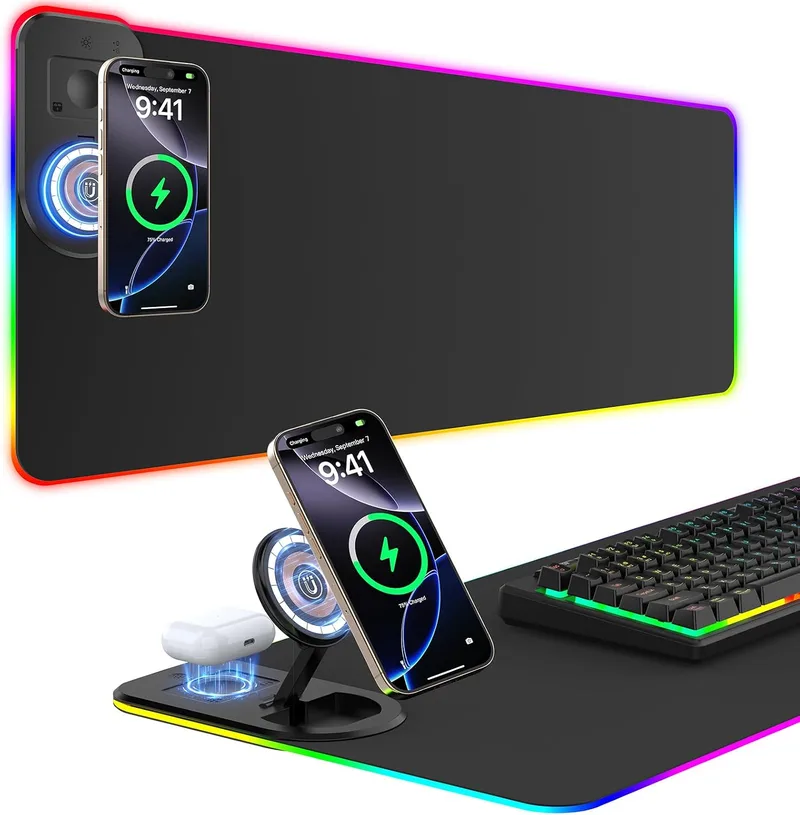 GIM ▫️ Tapete de rato RGB para videojogos de 15 W, Qi, LED, 800 x 350 x 4 mm, 10 modos de iluminação com carregamento rápido de 10 W, carregamento sem fios Qi para telemóveis iPhone 13/13 Pro, auscultadores