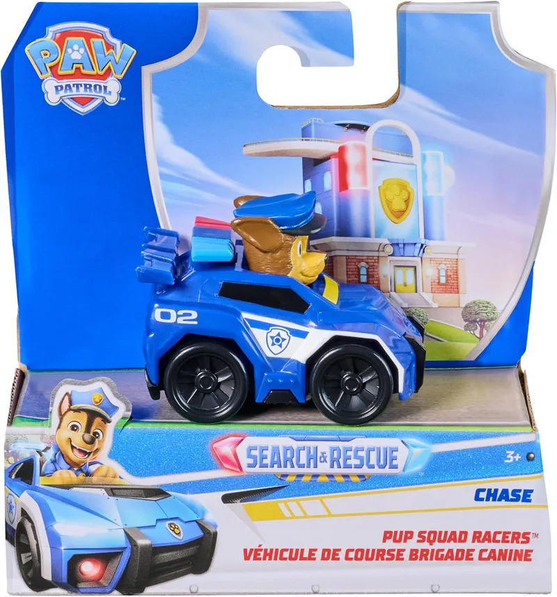 Paw Patrol ▫️ Search & Rescue, veículo do Chase da série Pup Squad Racers, veículo de 6,3 cm com rodas que rodam de verdade, brinquedos de imitação para meninos e meninas a partir dos 3 anos