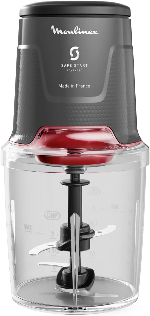 Moulinex ▫️ Easy Press, Picador de alimentos de 600 W, Capacidade de 500 ml | 4 lâminas afiadas em aço inoxidável, Tecnologia Safe Start Advanced, 3 funções, Lavável na máquina de lavar louça, Cinzento, AT740H