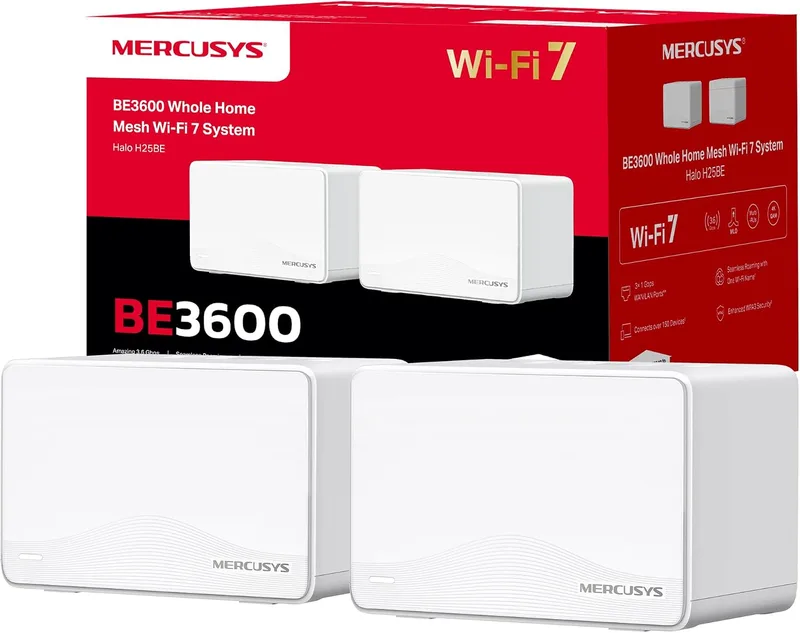 MERCUSYS ▫️ Halo H25BE (conjunto de 2) - Sistema WiFi Mesh 7 BE3600 – WiFi potente para casas grandes, cobertura de 460 m², 3 portas Gigabit, velocidade de 3,6 Gbps, ideal para streaming e jogos