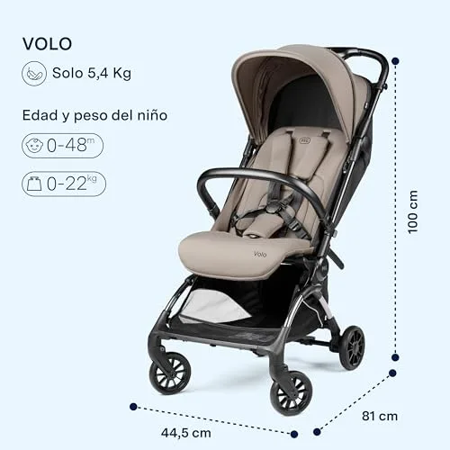 Peg Perego ▫️ PEG Carrinho de bebé leve Volo com capa de chuva, adequado para viagens de avião, compacto, bagagem de mão, desde o recém-nascido até aos 22 kg, bolsa de viagem incluída, Misty Beige 2