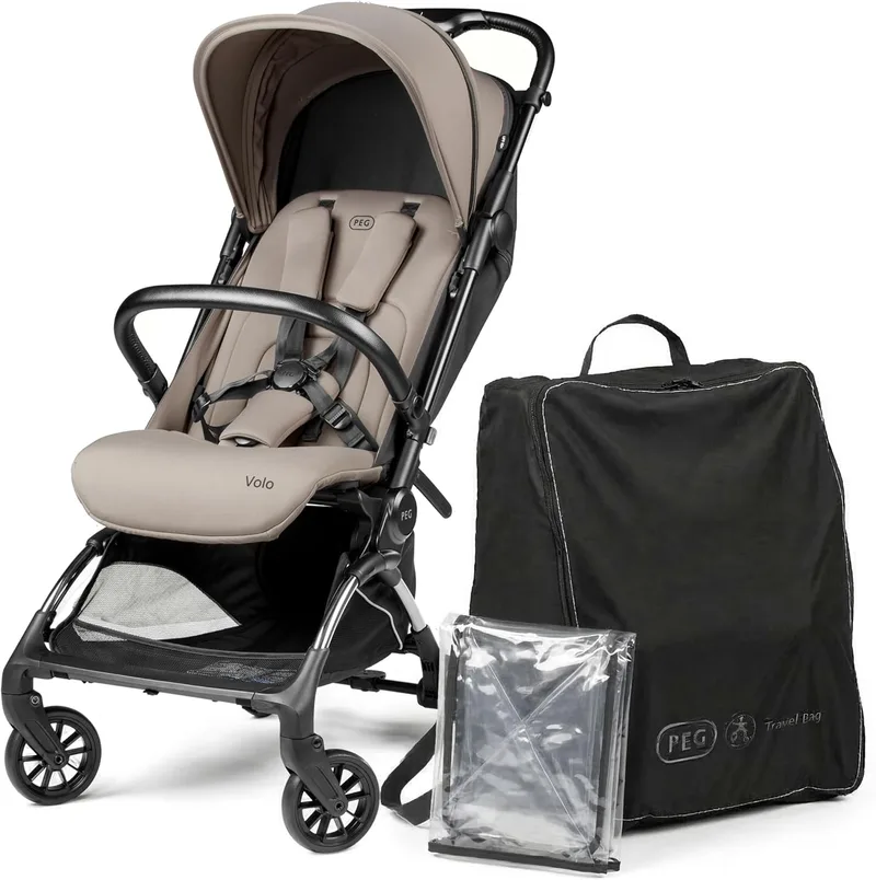 Peg Perego ▫️ PEG Carrinho de bebé leve Volo com capa de chuva, adequado para viagens de avião, compacto, bagagem de mão, desde o recém-nascido até aos 22 kg, bolsa de viagem incluída, Misty Beige