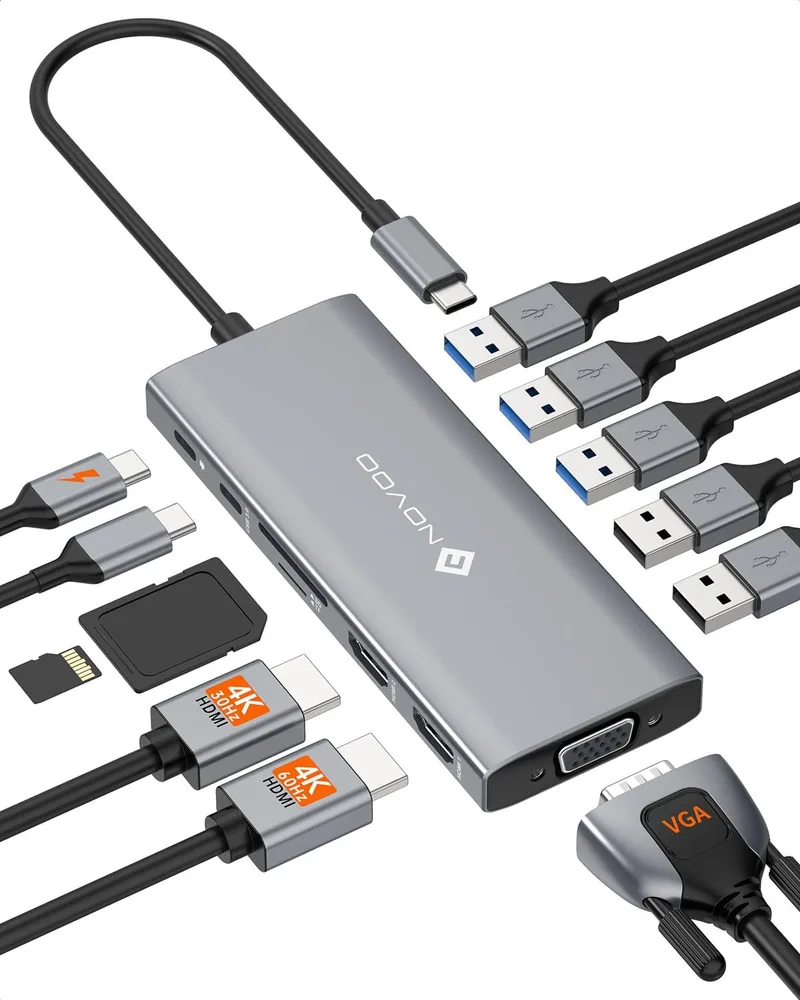 NOVOO ▫️ Estação de acoplamento USB-C 12 em 1, três ecrãs, HDMI 4K a 60 Hz, PD 100 W