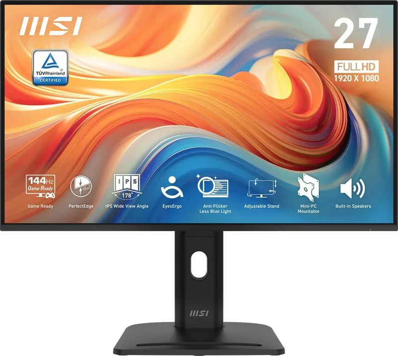 MSI ▫️ Pro MP275PG E14 Monitor Profissional FHD de 27 polegadas, 1920x1080 IPS, 144 Hz, 1 ms, HDR Ready, Eye Care, altifalante integrado, HDMI 2.0, DP 1.2a, Inclinável, ajustável em altura, compatível com VESA, preto