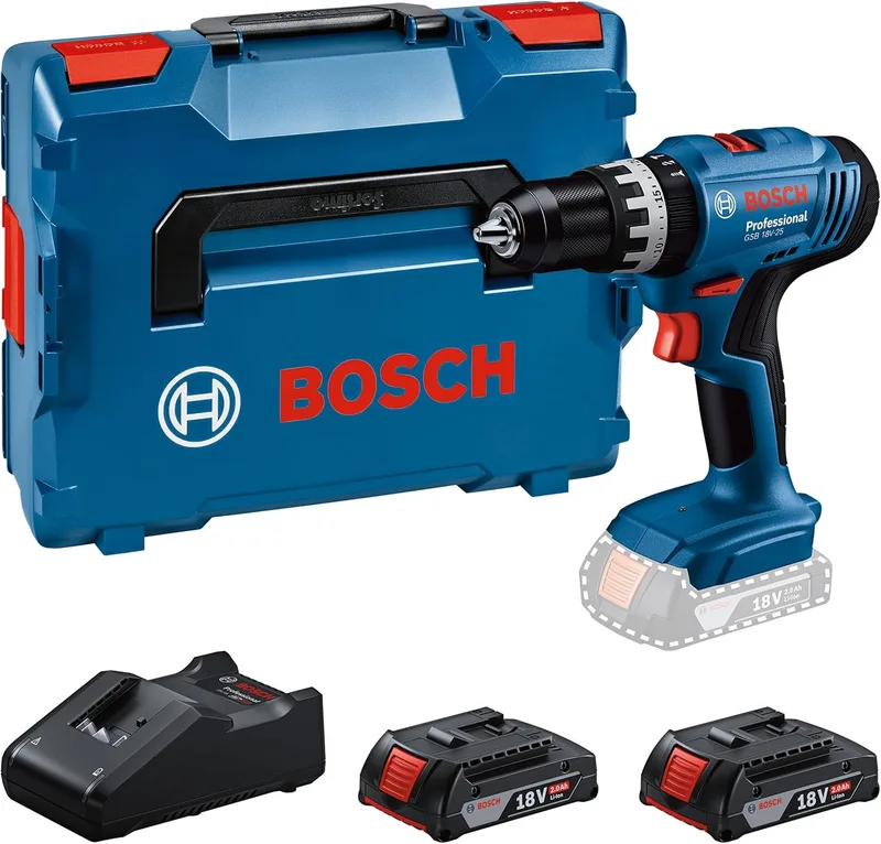 Bosch Professional ▫️ 18V System: Berbequim de percussão a bateria GSB 18V-25 (diâmetro máximo do parafuso: 10 mm, inclui 2 GBA 2,0 Ah, GAL 18V-40 e L-BOXX)