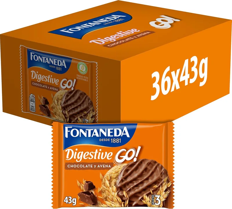 Fontaneda ▫️ Digestive Go! Bolachas com Cereais, Chocolate e Aveia - 36 sacos individuais de 43 g