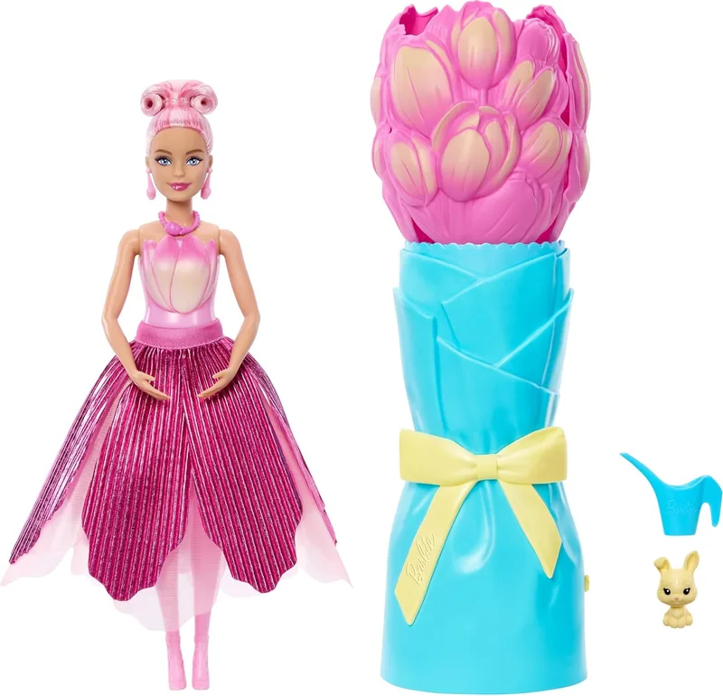 Boneca perfumada Barbie Petal Pop com vestido de tulipas cor-de-rosa e acessórios, ramo de flores com coelhinho de estimação e surpresas como regador, colar e brincos, JMF57