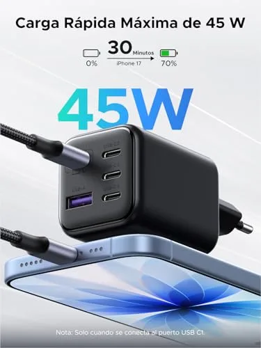 UGREEN ▫️ 45 W Carregador USB-C com Carregamento Rápido PPS, 5 Portas, GAN, Tomada de Parede 2