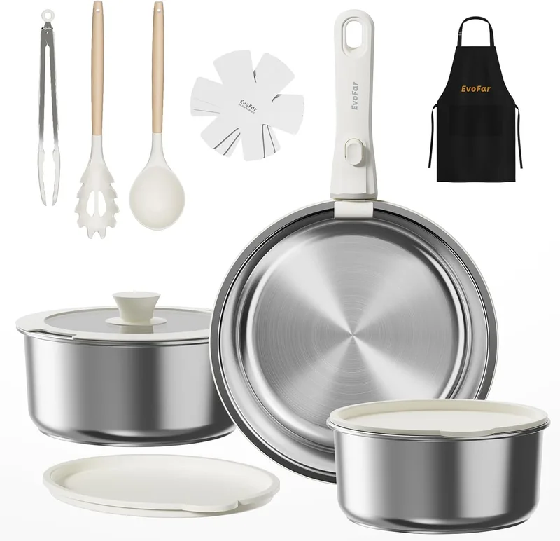 EvoFar ▫️ Conjunto de utensílios de cozinha em aço inoxidável, conjunto de panelas de 14 peças com pegas amovíveis, frigideira de 24 cm, caçarola de 18/20 cm, conjunto de utensílios de cozinha empilháveis para todos os tipos de cozinhas (prateado)