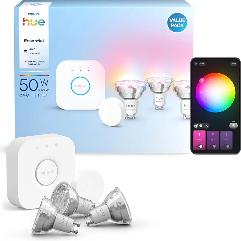 Philips Hue ▫️ Kit Básico Hue para Iniciantes: Hue Bridge + 3 lâmpadas LED inteligentes GU10 + botão inteligente, luz branca e colorida, regulável entre 2200 e 6500 K, compatível com Alexa, Google Assistant, Samsung SmartThings e Apple Home