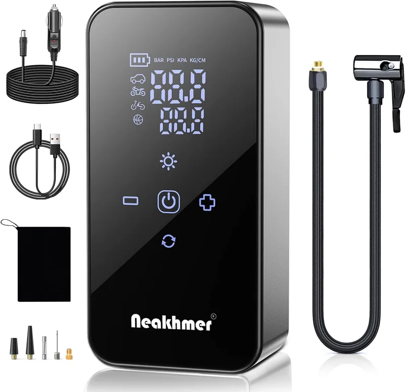 Neakhmer ▫️ Inflador elétrico de pneus de automóvel: Mini compressor de ar portátil de 150 PSI, com bateria de 6000 mAh, bomba de bicicleta de 12V com manómetro de pressão dos pneus para automóveis, bicicletas e motociclos
