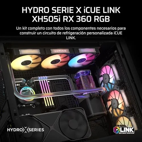 Corsair ▫️ Kit de refrigeração personalizada iCUE Link XH505i RX360 RGB – Bloco de refrigeração líquida XC7 Elite, bomba e depósito XD6 Elite, 3 RX120 RGB, radiador XR5 de 360 mm, System Hub – Preto 2