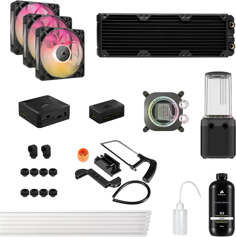 Corsair ▫️ Kit de refrigeração personalizada iCUE Link XH505i RX360 RGB – Bloco de refrigeração líquida XC7 Elite, bomba e depósito XD6 Elite, 3 RX120 RGB, radiador XR5 de 360 mm, System Hub – Preto