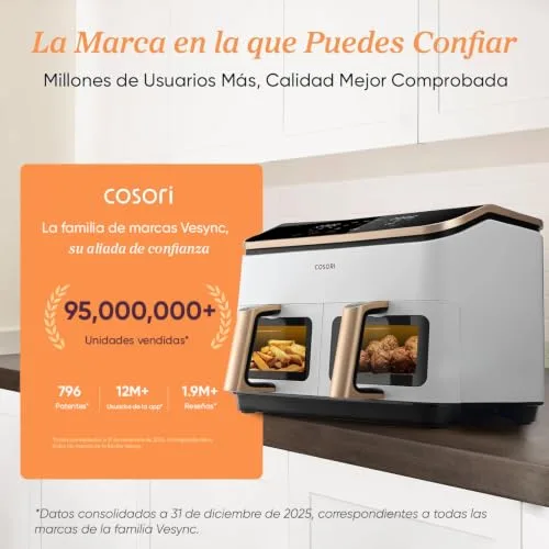 Cosori ▫️ Fritadeira de ar quente de 8,5 L, com cesto duplo e janela, 10 funções, branca 3