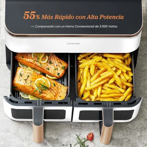 Cosori ▫️ Fritadeira de ar quente de 8,5 L, com cesto duplo e janela, 10 funções, branca 7