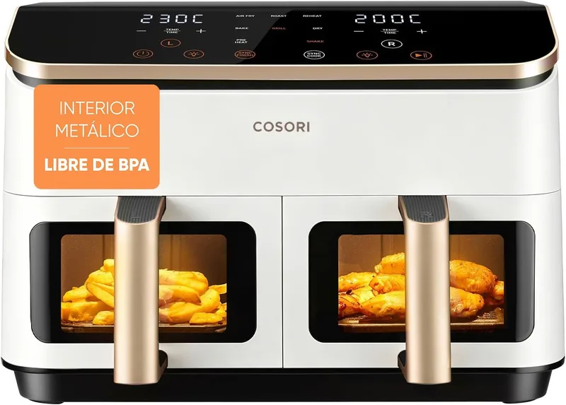Cosori ▫️ Fritadeira de Ar Quente Grande - True Metal - 8,5 litros com cesto duplo - Alta potência e 55 % de eficiência energética - Temperatura dupla (35-230 ℃) - 10 modos - Painel tátil multifunções- Para até 10 pessoas - Branca