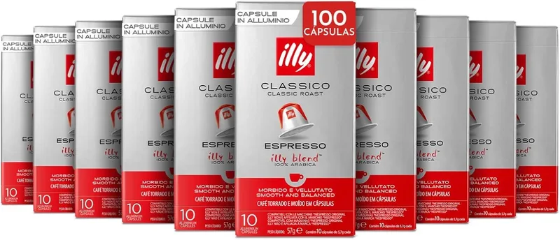illy ▫️ Café em cápsulas compatíveis de alumínio CLASSICO, 100% Arábica com notas de flor de laranjeira e jasmim, sabor suave e final de boca doce, 10 embalagens de 10 (100 cápsulas no total)