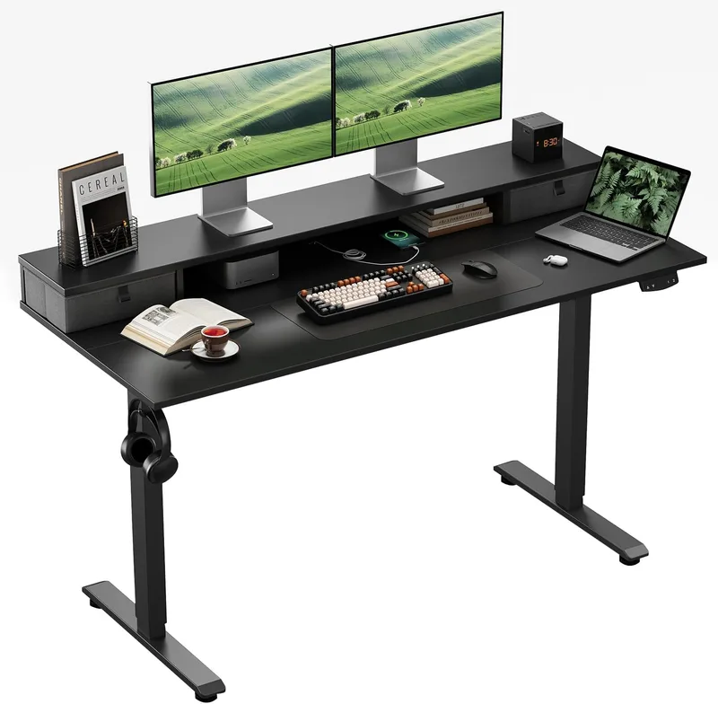 Klicelor ▫️ Secretária elevável elétrica 100 x 60 cm com 2 gavetas, preta | Altura regulável eletricamente com 2 memórias, sistema anticolisão, design em L e capacidade de carga de 70 kg, ideal para escritório e jogos