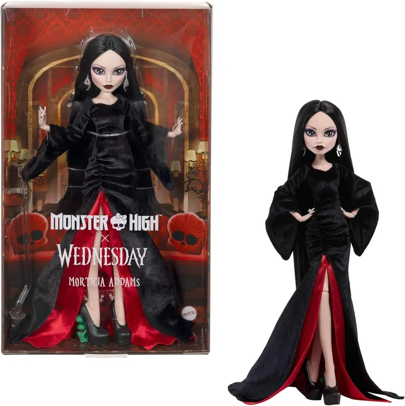 Monster High ▫️ x Miércoles: Boneca colecionável da Morticia Addams com vestido de veludo preto e carmesim com joias, sapatos de salto alto inspirados na série e suporte para a boneca, JLK99