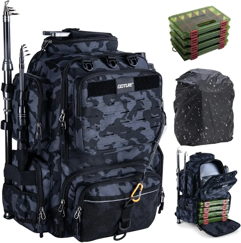 Goture ▫️ Mochila de pesca com dois suportes para canas de pesca e capa de chuva, saco de equipamento impermeável com compartimento ajustável e 8 bolsos para isco, mochila de 45 litros
