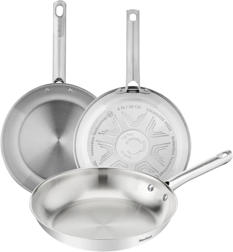 Tefal ▫️ Duetto On - Conjunto de frigideiras de 20/24/28 cm, aço inoxidável, cozedura rápida e uniforme, adequado para indução, cabo ergonómico, 10 anos de garantia, resultados crocantes