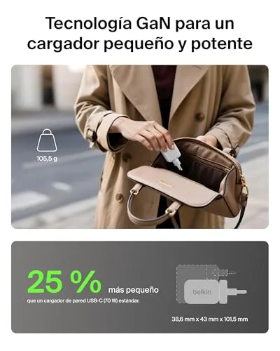 Belkin ▫️ Carregador USB-C BoostCharge Pro GAN de 70 W, com 3 portas e adaptadores 3