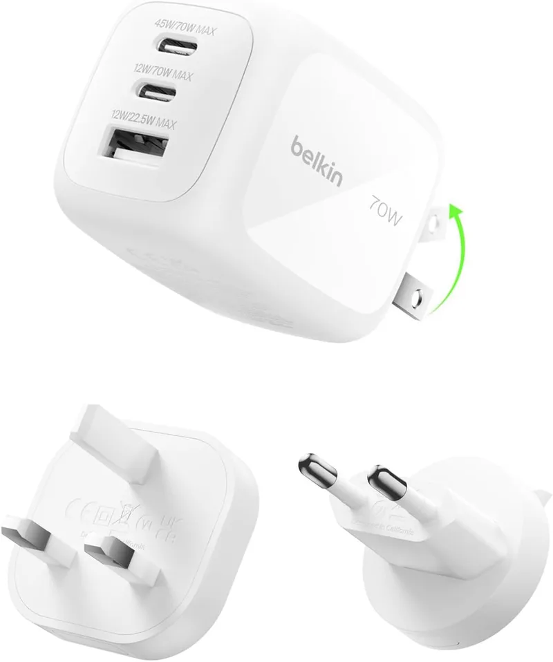 Belkin ▫️ Carregador USB-C BoostCharge Pro GAN de 70 W, com 3 portas e adaptadores