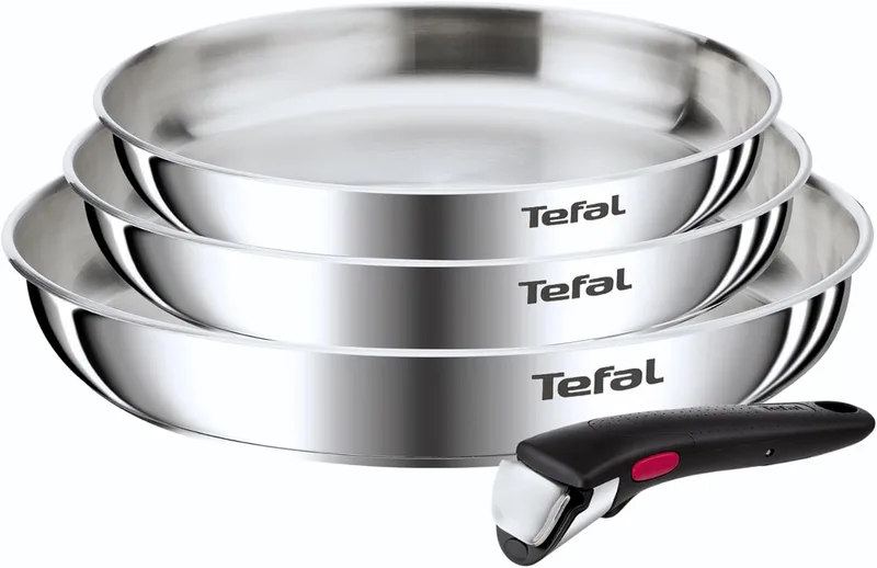 Tefal ▫️ Ingenio Emotion - Conjunto de 3 frigideiras de 22/24/28 cm + cabo removível, aço inoxidável, sem revestimento, adequado para indução, forno e máquina de lavar louça