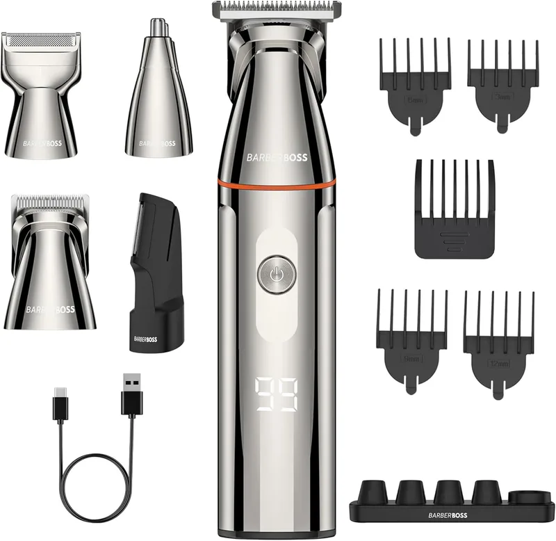 BARBERBOSS ▫️ Kit de higiene pessoal 5 em 1 para homem, aparador de barba para homem, máquina de cortar cabelo à prova de água com aparador de pelos do nariz, aparador corporal, carregamento USB-C e ecrã LED