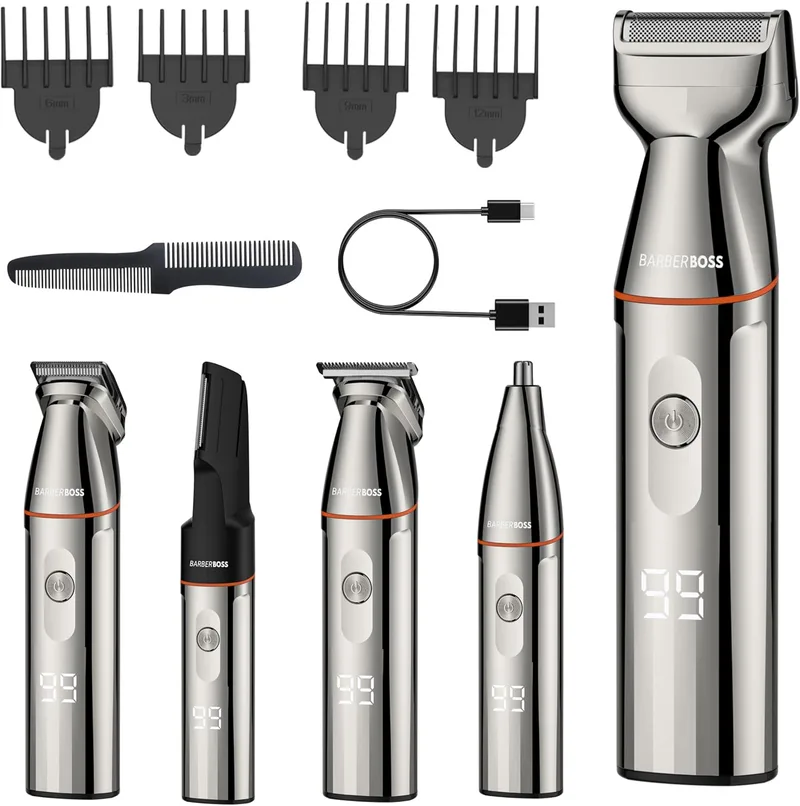BARBERBOSS ▫️ Kit de aparador de barba sem fios para homem, máquina de barbear 5 em 1 com aparador de cabelo, aparador de nariz, recarga USB-C e lâminas de aço inoxidável, aparador de barba