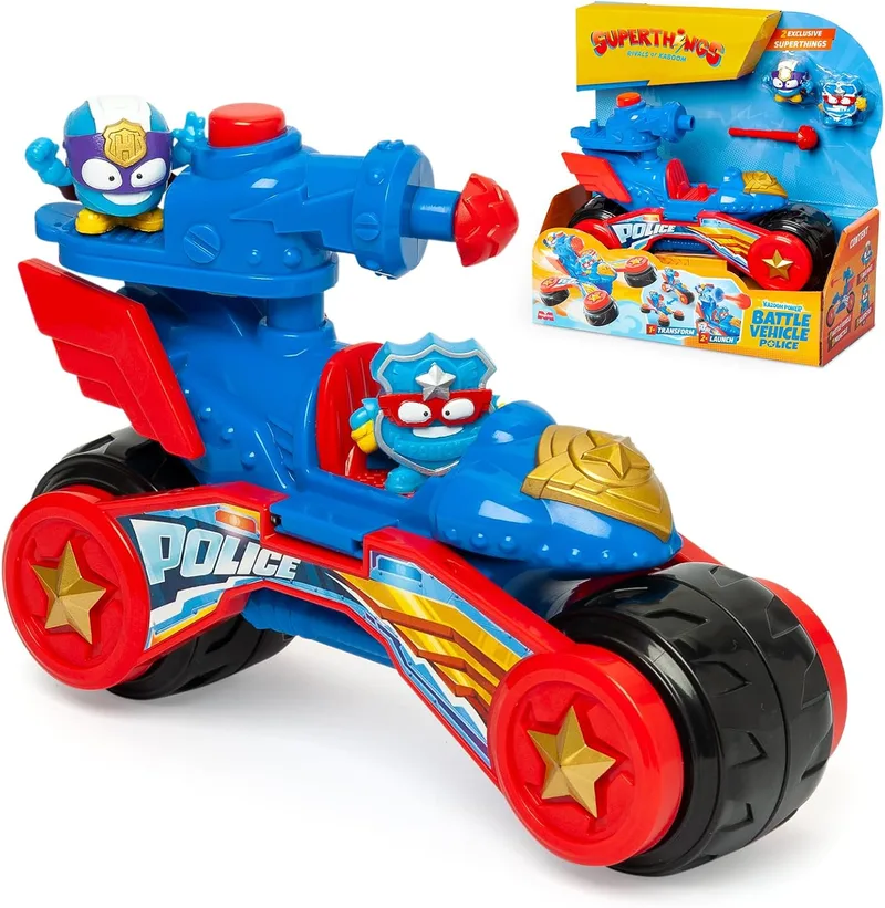 SUPERTHINGS RIVALS OF KABOOM ▫️ SUPERTHINGS KAZOOM POWE -Veículo de combate da polícia. Veículo de combate da polícia dos heróis da série de TV "Superthings Kazoom Power". Contém 1 Battle Vehicle, 2 Superthings Exclusive, 1 Projectile