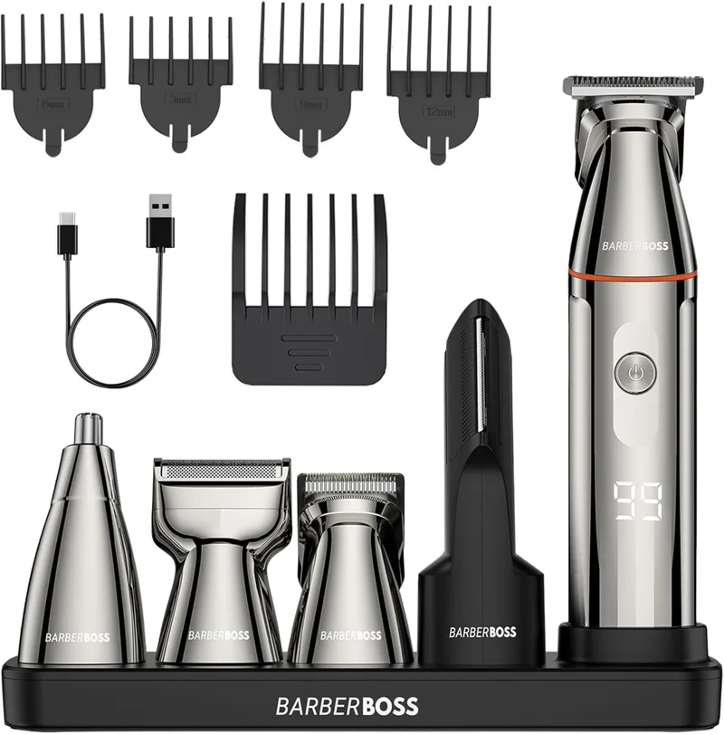 BARBERBOSS ▫️ Aparador de barba para homem 5 em 1, kit de cuidados de beleza para homem, aparador de pêlos sem fios, máquina de barbear para o nariz e corpo com ecrã LED e carregamento USB-C, aparador de pêlos para o corpo