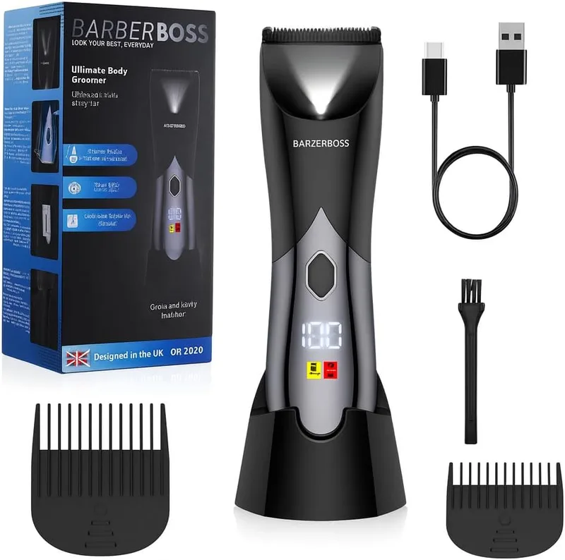 BARBERBOSS ▫️ Máquina de barbear corporal, aparador de barba e máquina de barbear eléctrica húmida/seca para homem ideal para o peito, virilhas e zonas íntimas, design resistente à água com dupla velocidade