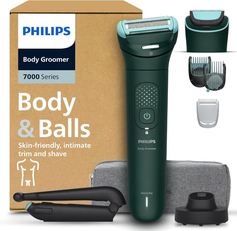 PHILIPS ▫️ Máquina de barbear corporal Série 7000 - Depiladora masculina, cabeça 2D com tripla proteção, apara e depila a zona íntima e as costas, suave e preciso, 100% adequada para usar no duche, autonomia de 120 min, BG7485/30