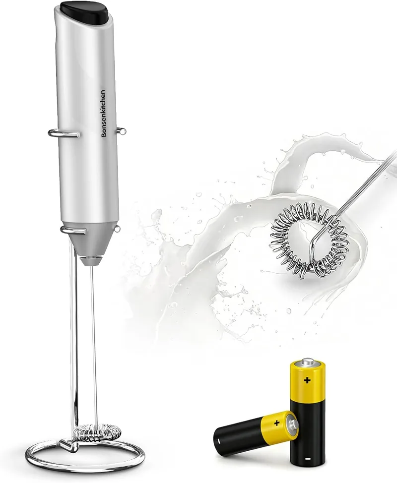 Bonsenkitchen ▫️ Batedor de Leite, Batedor de Leite Elétrico com Suporte em Aço Inoxidável e Bateria, Ideal para Latte, Cappuccino e Matcha, Presentes para os Amantes de Café, Prata
