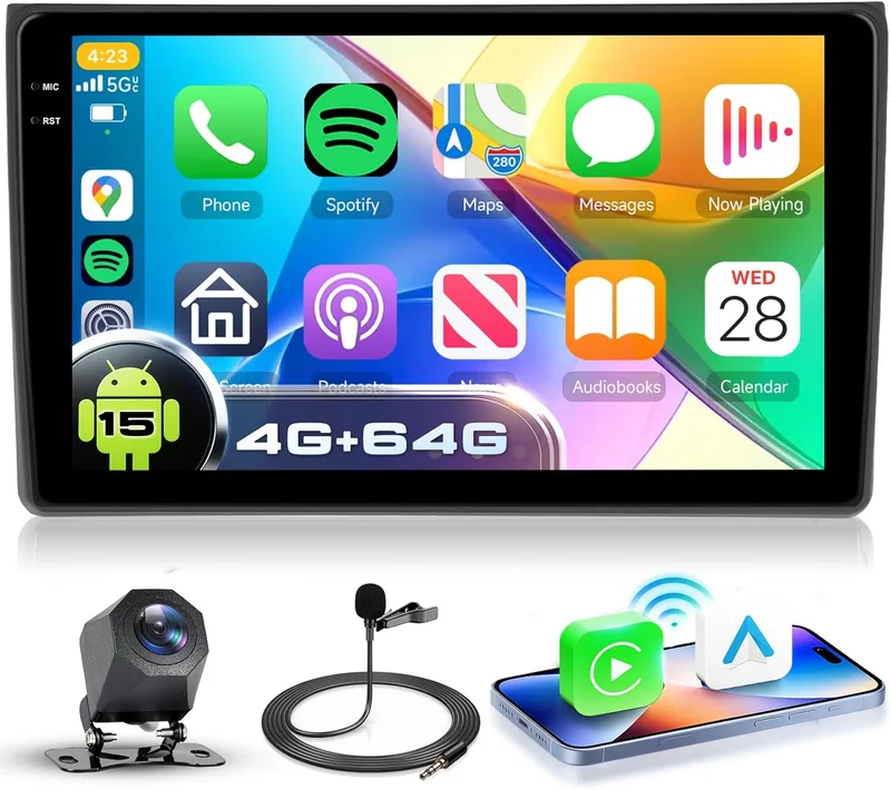 VECHTEL ▫️ 4G+64G Android 15 Rádio para carro para Audi A4 2004-2008, ecrã tátil In-Cell HD de 9 polegadas com CarPlay e Android Auto sem fios, rádio para carro com suporte para GPS, Wi-Fi, USB, Bluetooth, rádio FM, RDS e câmara