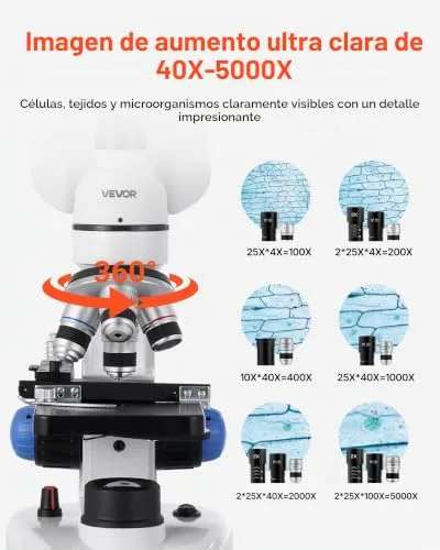 VEVOR ▫️ Microscópio composto com ampliação de 40-5000X, kit de microscópio trinocular com corpo em liga de alumínio e iluminação LED, suporte para telemóvel, para estudantes, laboratório e escola 2